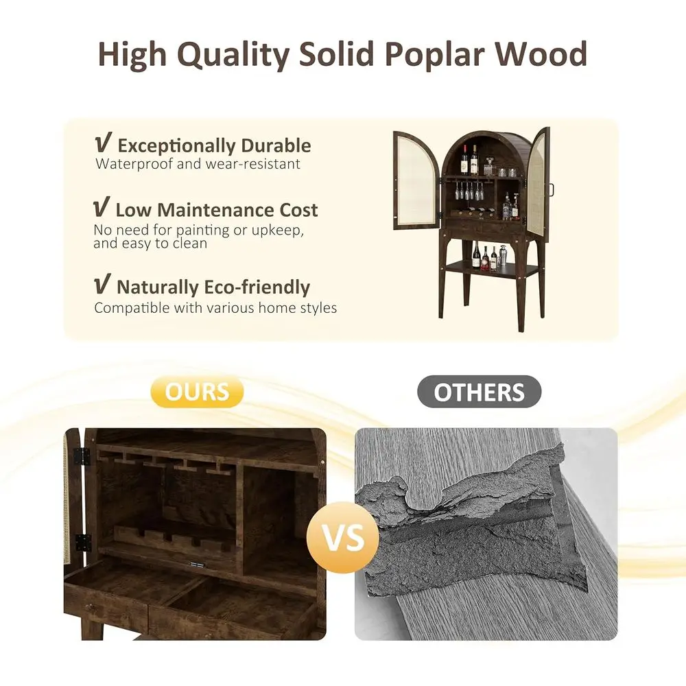 Walnut Arched Wine Cabinet with Rattan Door, Bar Rack & Glass Holder, Kitchen Pantry Storage