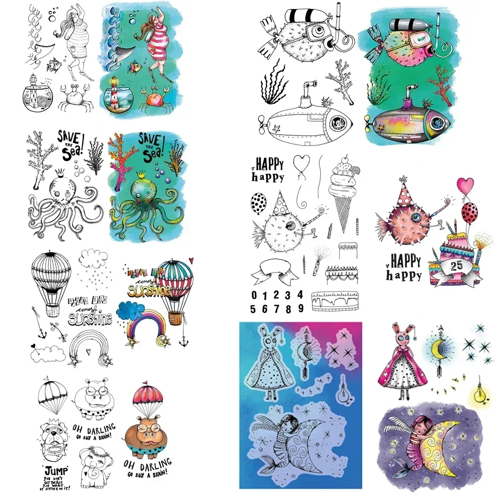 Dive Woman/Globefish Marine Animal Clear Stamps Mermaid Birthday Hot Air Balloon Stamp Set für DIY Scrapbooking Card Craft Makin