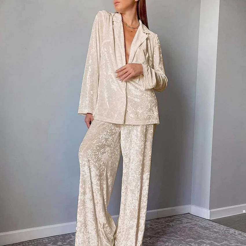 Lounge Pj Nightwear Pyjamas Velvet Blazer Style Top Wide Leg Pants Cream Beige Two Piece Long Sleeve Full Length Sleepwear Set