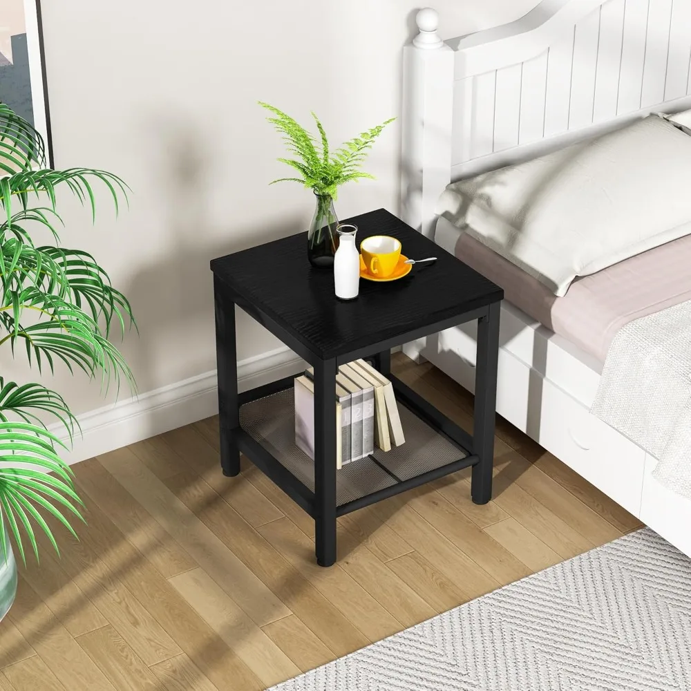 3 Pieces Living Room Table Set, Industrial Coffee Table with 2 Square End Side Tables, Coffee Table Set with Metal Frame