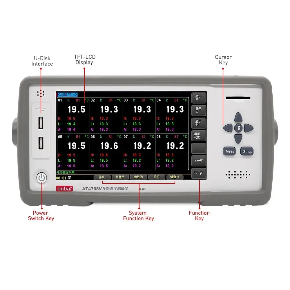 AT4748V Digital Thermometer 48-Channel Temperature Tester PT100 CU50 DCV -200C 1300C Resolution Plastic Material ODM Supported