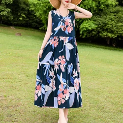 New Casual Print Women Summer Dresses Cotton Vintage Dress O-neck Vestidos Sleeveless Plus Size Women Clothing