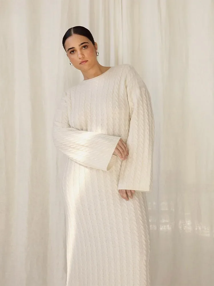 Solid Women Ribbed Knitted Midi Dress Casual Loose O-neck Long Sleeve Lady Dresses 2023 Autumn Female Chic Streetwear Robe