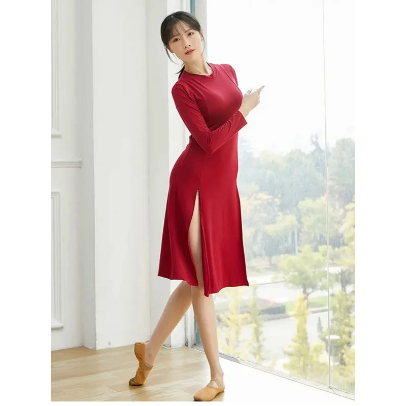 Sexy Hem Slit Design Dance Dress for Women Latin Dance Wear Modal Waltz Long Modern Costumes Adult Training Clothing