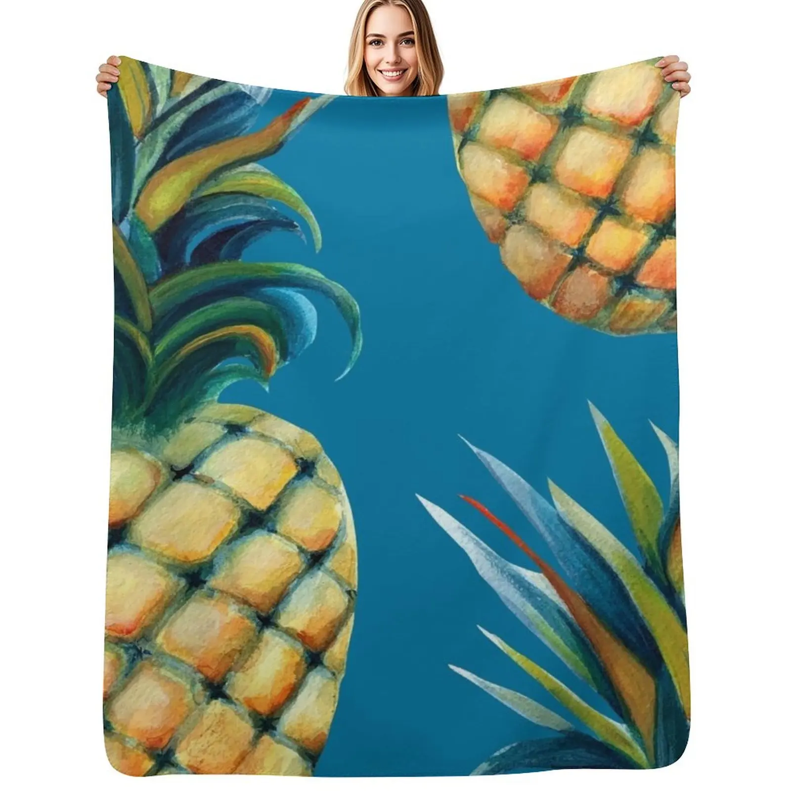 Pineapple watercolor - mosaic blue background Throw Blanket Flannel Fabric Decorative Beds Polar Soft Big Bed covers Blankets
