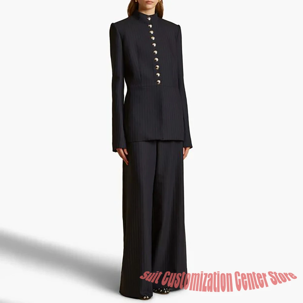 بدلات نسائية أنيقة مقلمة مكونة من قطعتين (سترة + بنطلون) مع ياقة واقفة ذهبية واحدة الصدر ملابس مكتب الأعمال للسيدات