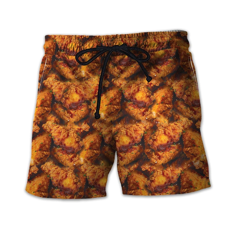 Pantalones cortos gráficos de comida rápida para hombres, ropa hawaiana, hamburguesa, patatas fritas, pantalones cortos de playa, bañadores de hamburguesas, pollo frito, Bermudas de sándwich