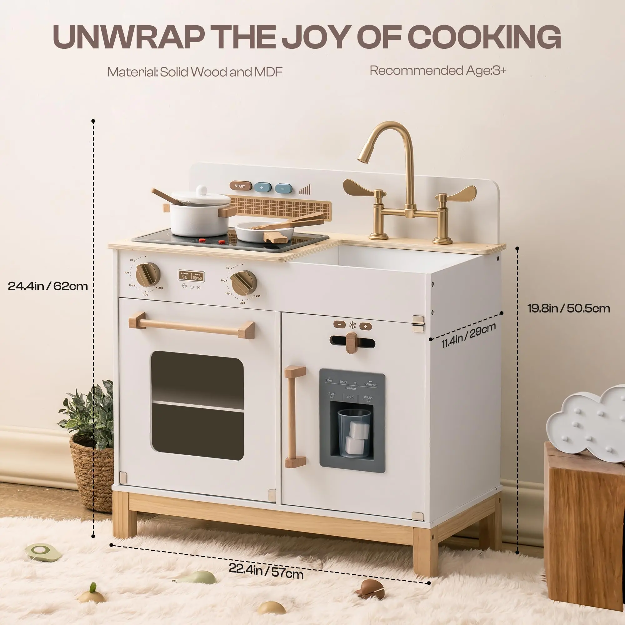 مطبخ لعب خشبي من روبوتيم مع أضواء حقيقية وموزع مكعبات الثلج هدية للأطفال الصغار من سن 3 سنوات فما فوق باللون الأبيض