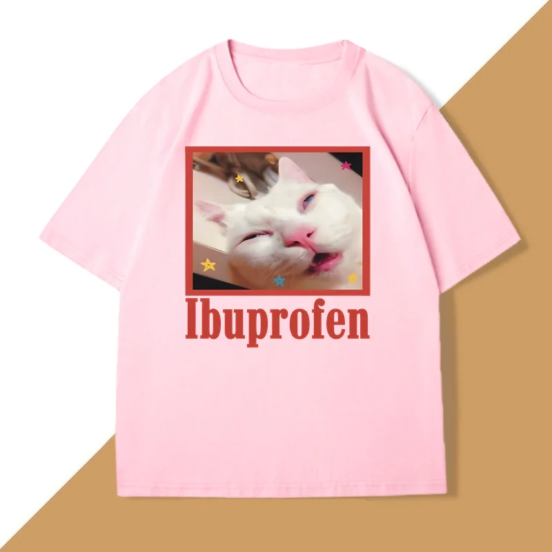 Funny Ibuprofen Cat T-shirt for Men Women Graphic T Shirts Cute Cat Lover Cotton T Shirt Round Neck T Shirts Short Sleeve Tees