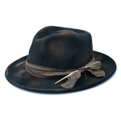 Original Painted Fire Retro Feather Decor Spring  Autumn Winter Warm Women Men Felt Wide Brim Jazz Cap Bowler Hat 55-60cm Adjust