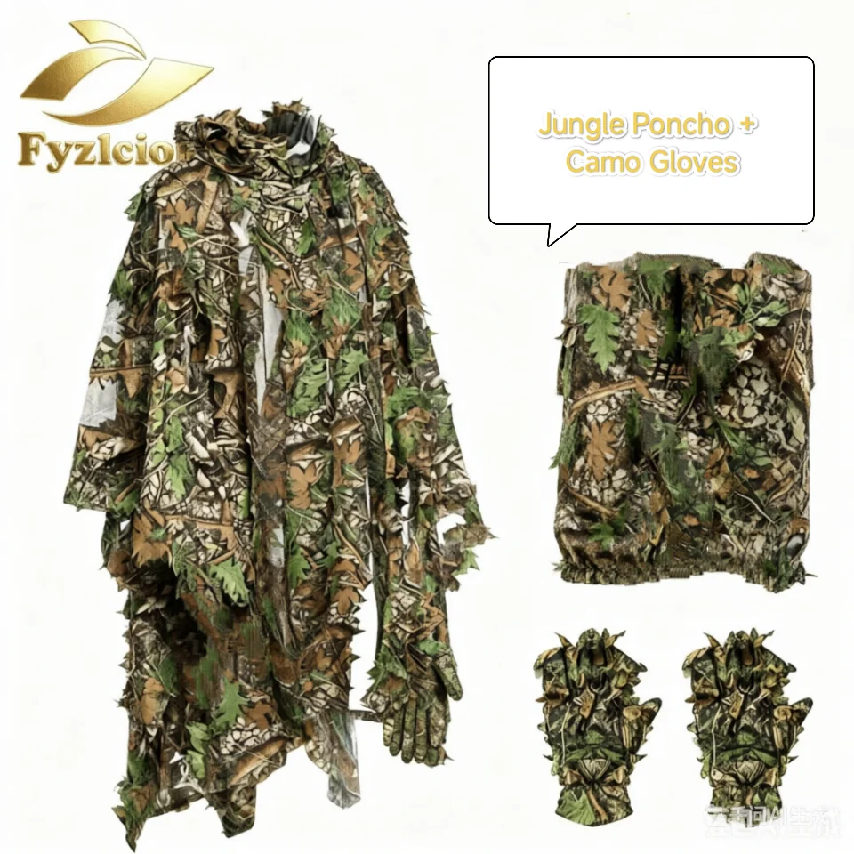 Ghillie de camouflage de chasse Fyzlci-3D avec casquette, vêtements de costume, cape de jungle, camouflage poncho, feuille bionique pour la photographie de Sniper