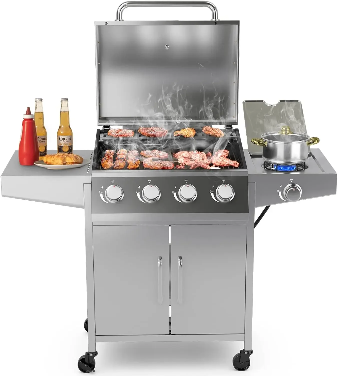 Propane Gas Grill with 4 Main Burners and 1 Side Burner total 50,000 BTU Stainless Steel Heavy-Duty BBQ Grill with 2 Prep Tables