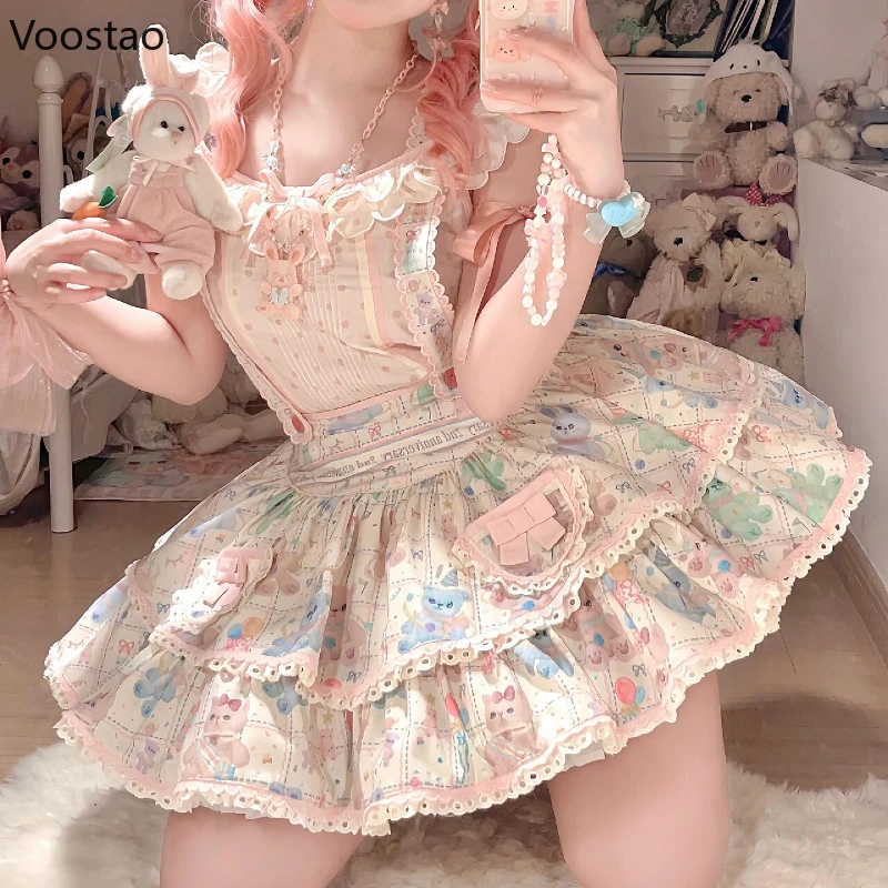 Japanese Style Kawaii Lolita 2 Piece Set Women Sweet Lace Ruffles Blouse Cartoon Print Mini Skirts Girls Korean Fashion Y2k Suit