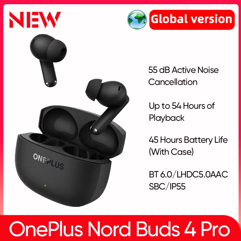 Global Version OnePlus Nord Buds 4 Pro TWS Wireless Earphone 55dB Active Noise Cancellig Bluetooth 6.0 IP55 Headphone