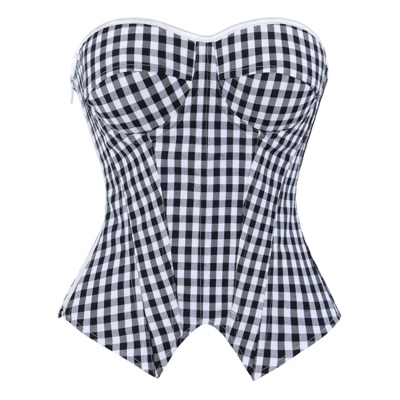 

Black White Checkered Corset Bustier Women Strapless Slimming Crop Top Side Zipper Retro Plaid Shaping Top Night Party