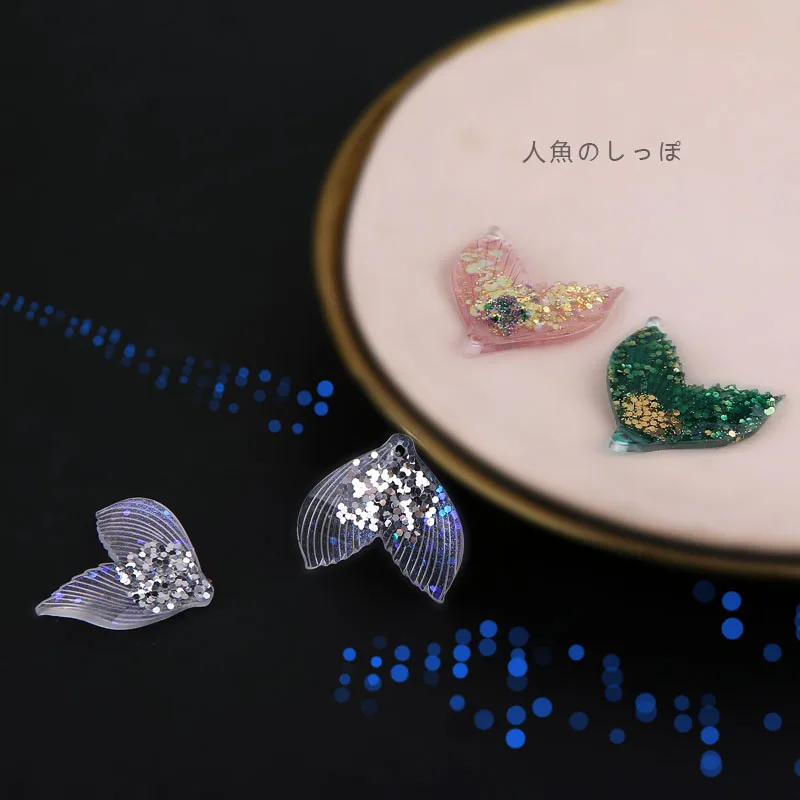 6pcs Bling Super Fairy Diy Material Resin Earpiece Accessories Laser Glitter Beauty Fish Tail Pendant Handmade Charms