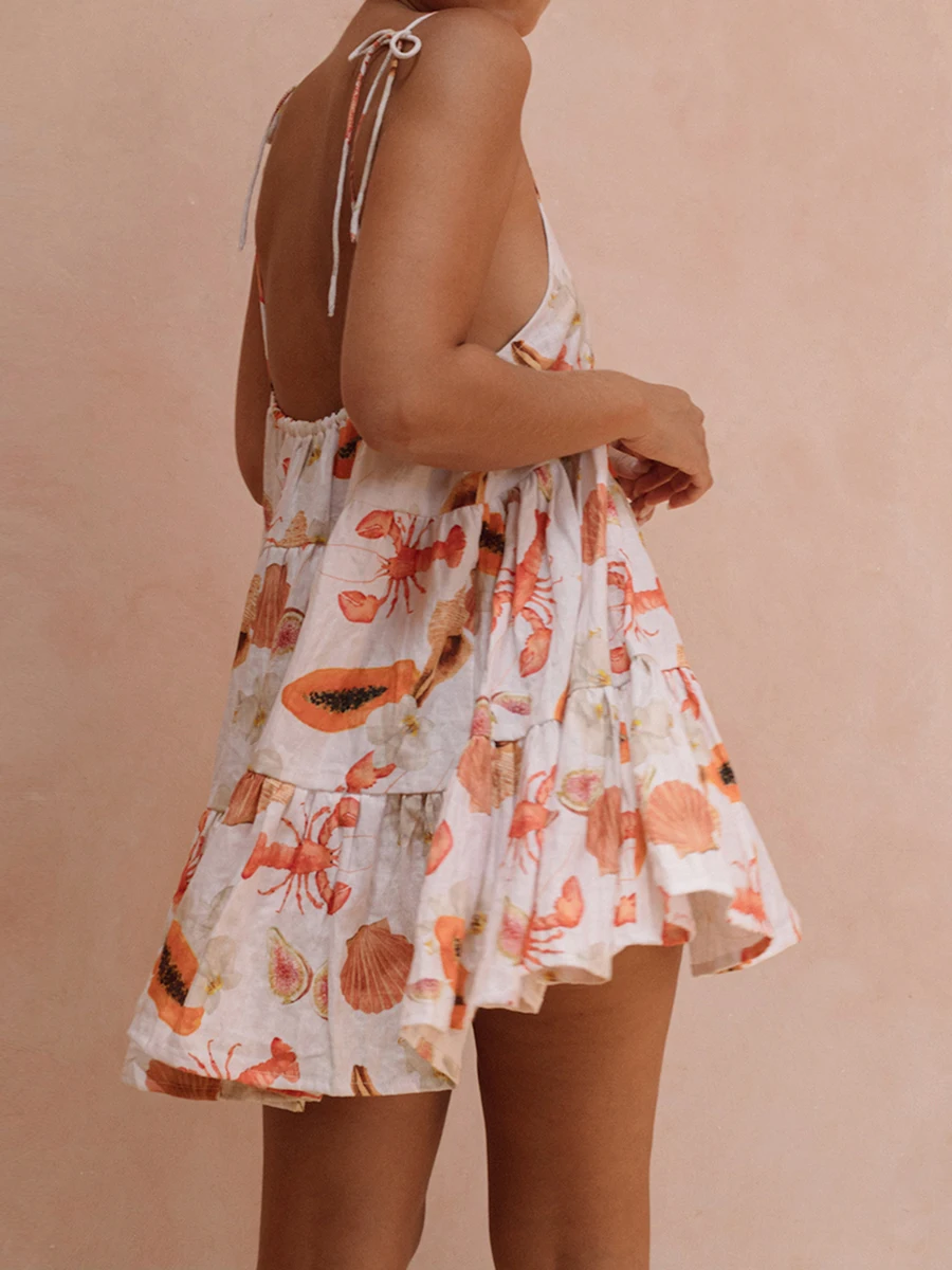 Vestido corto de verano sin mangas para mujer, minivestido con tirantes, estampado de cangrejo, Espalda descubierta, corte en A, ropa de calle para vacaciones y playa