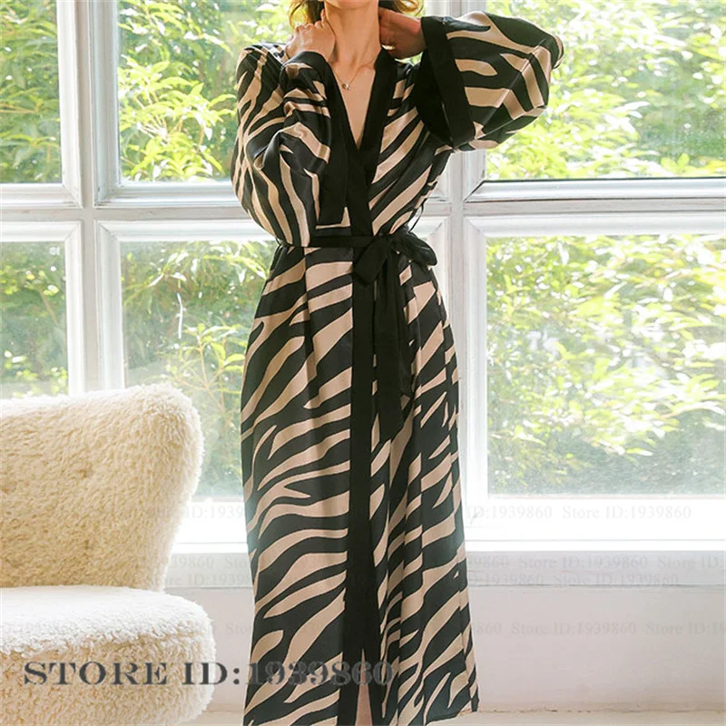 Fashion Print Zebra Pattern Long Robe Home Dress Silky Satin Kimono Bathrobe Gown Women's Sleepwear Spring Summer New Nightwear image 3