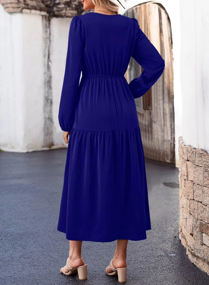 SxerxeS Fall Dresses for Women 2025 Long Sleeve V Neck Smocked Empire Waist Ruffle Tiered Casual Split Maxi Dress