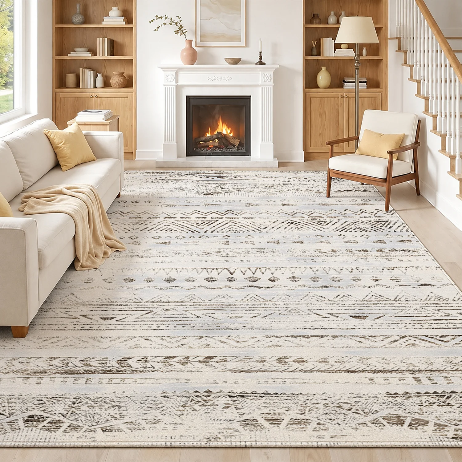 Large Indoor Area Rug, Soft Velvet Low Pile with Non-slip Dotted Backing, Machine Washable Light Gray Tribal Geometric Striped Rug for Living Room, Bedroom, Boho Home Decor