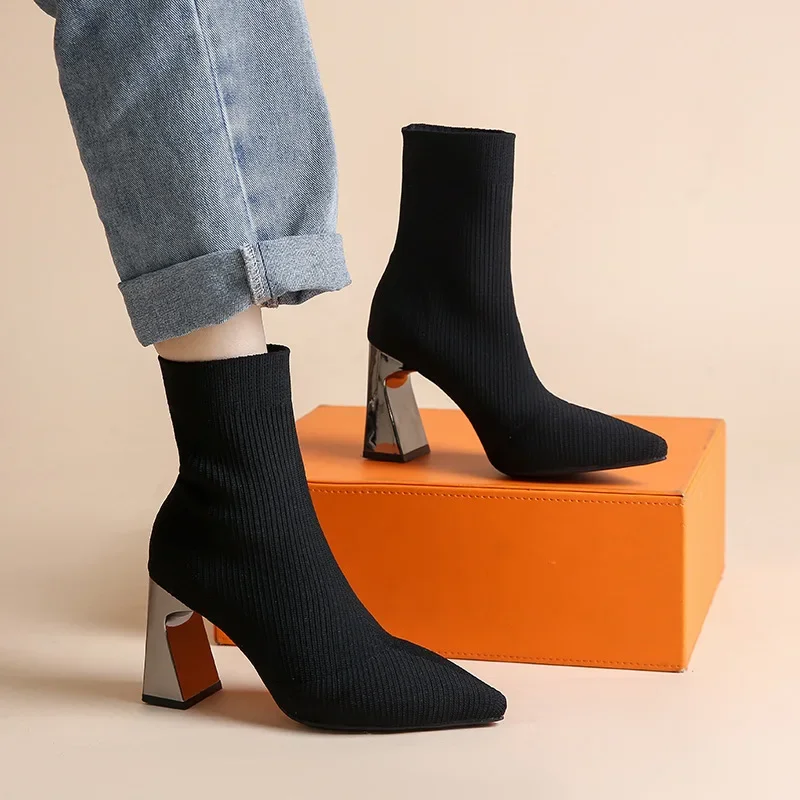 Elastic Fabric Socks Boots Women's Shoes Metal Square Heel Camel Knit Pointed Short Boots Fashion Sexy High Heels Botines Mujer