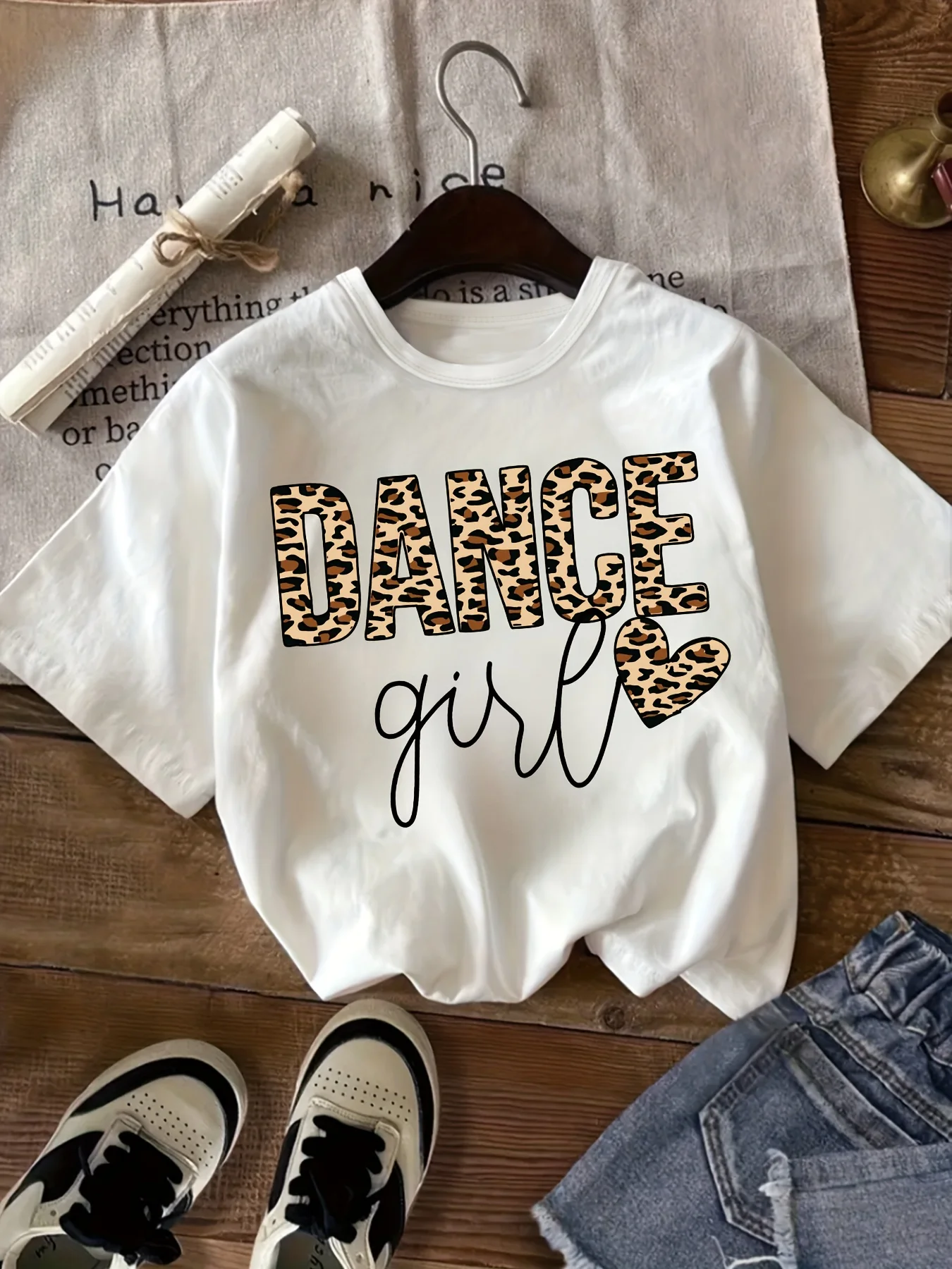 Creative Dance Minimalist Leopard Print Letter Pattern Printed T-Shirt Daily Dance Practice TopTop for Multiple OccasionsT-Shirt