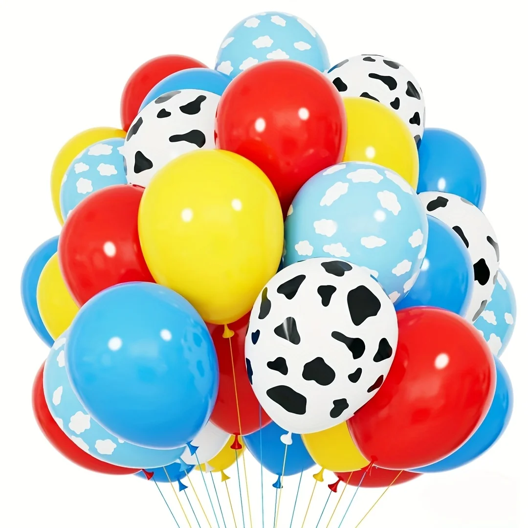 Ballons de jouets rouges, jaunes et bleus, ballons bleu clair à motif vache nuageuse pour décorations sur le thème de l'histoire de la naissance du bébé et de la fête de football