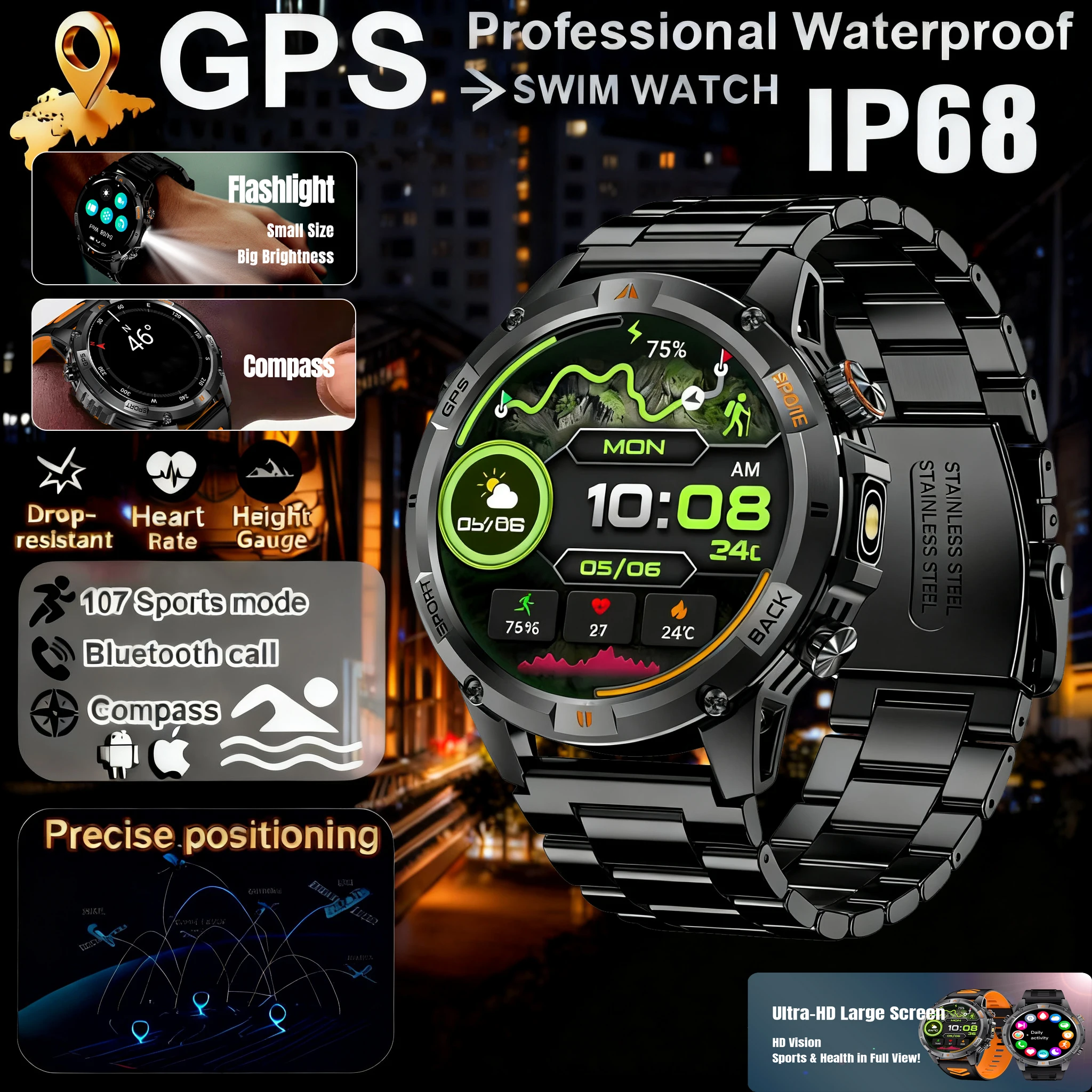 

2026 NEW Military-grade Sports Smart Watch GPS IP68 Waterproof Compass Barometer Altimeter 107+Sports Built-In SmartWatches Man