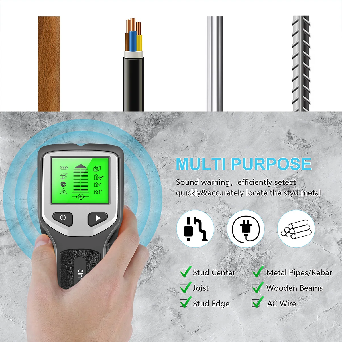 Stud Finder Sensor 5 in 1 Wall Scanner Locator Electronic Wall Detector with LCD Display for Wood AC Wire Metal Studs Detection