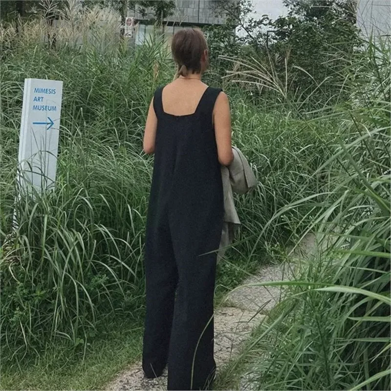Johnature Casual Tank Women Jumpsuits   Summer New Korean Sleeveless Square Collar Sleeveless Full Length Simple Bodysuits