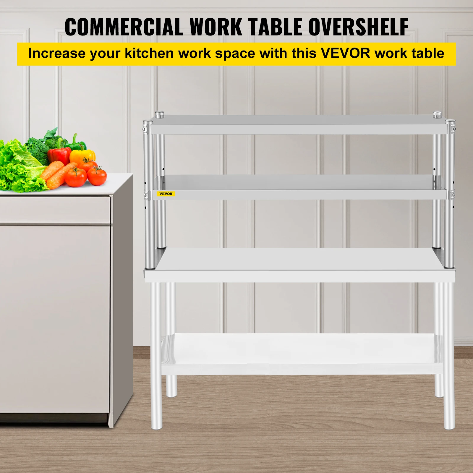 VEVOR Stainless Steel Kitchen Work Table Professional Double Overshelf Adjustable Lower Shelf Use for Home Commercial