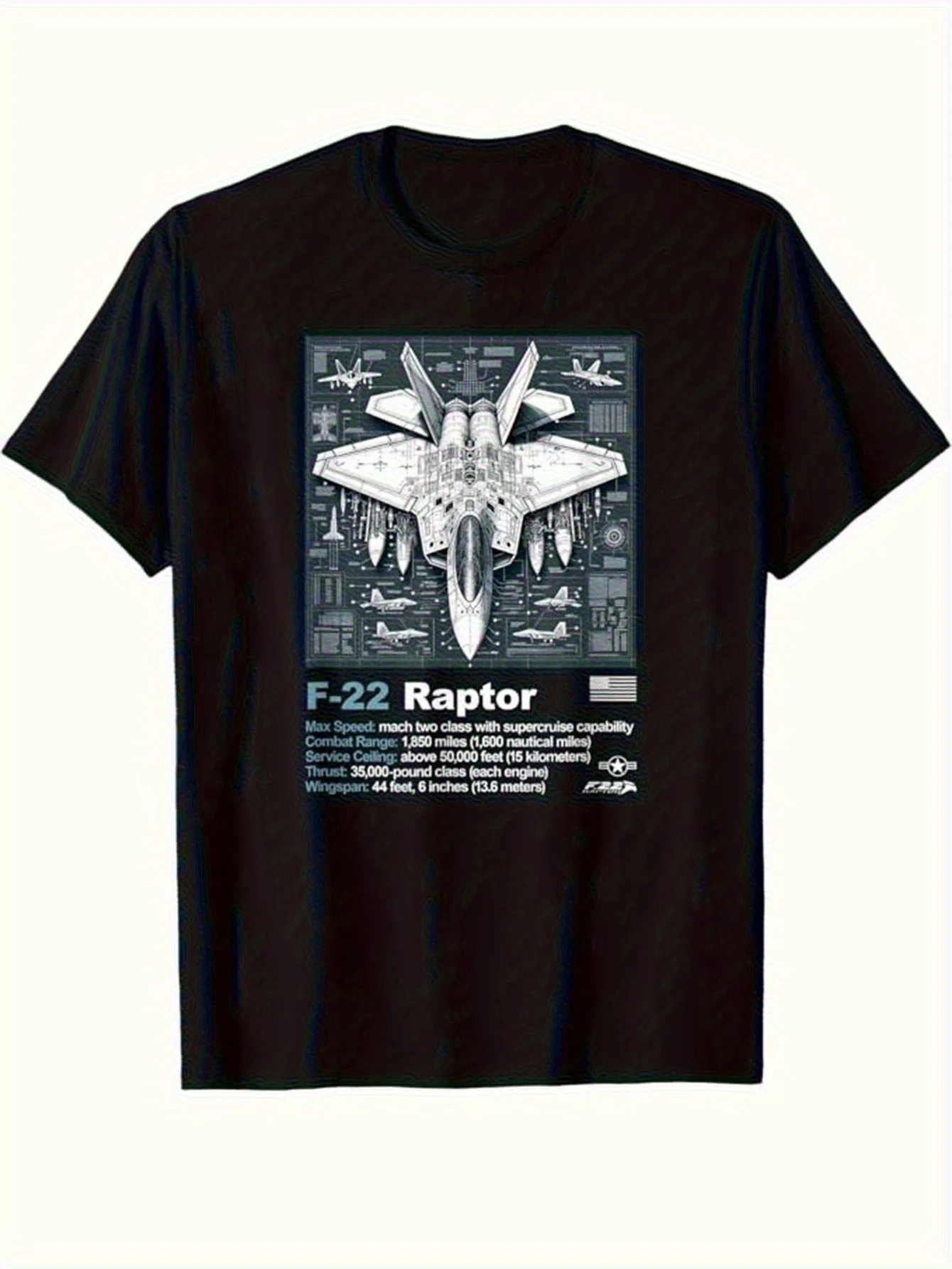 

F-22 Raptor Fighter Jet Blueprint Graphic T-Shirt 100% Cotton O-Neck Short Sleeve Summer Casual Mens T-shirt Streetwear