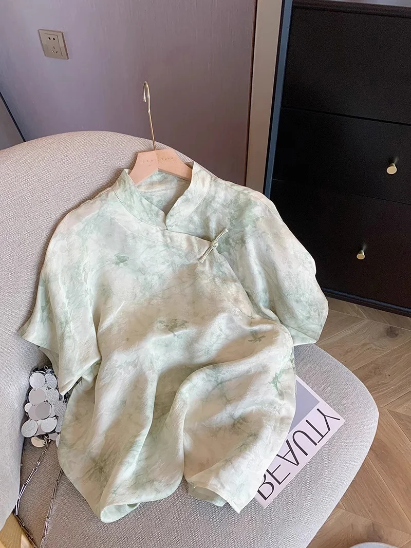 Retro eeni Blue ort Sve irt with Button Embroidery for Men And Women Summer Loose Fit Floral Pattern Stand Collar