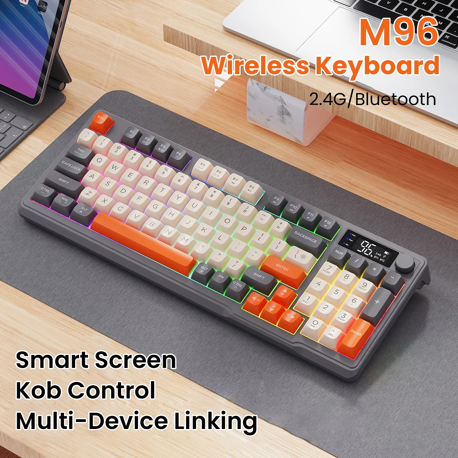 Imagem -03 - Mini Teclado Bluetooth sem Fio com Tela Conexão de Modo Duplo Ergonômico Universal 2.4g M96