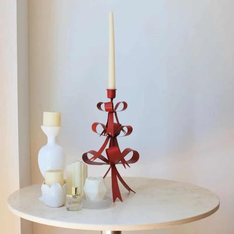 Red Taper Candlestick Holders Bow Candle Holders,Metal Centerpiece for Dining Table, Housewarming Gifts Wedding Decor