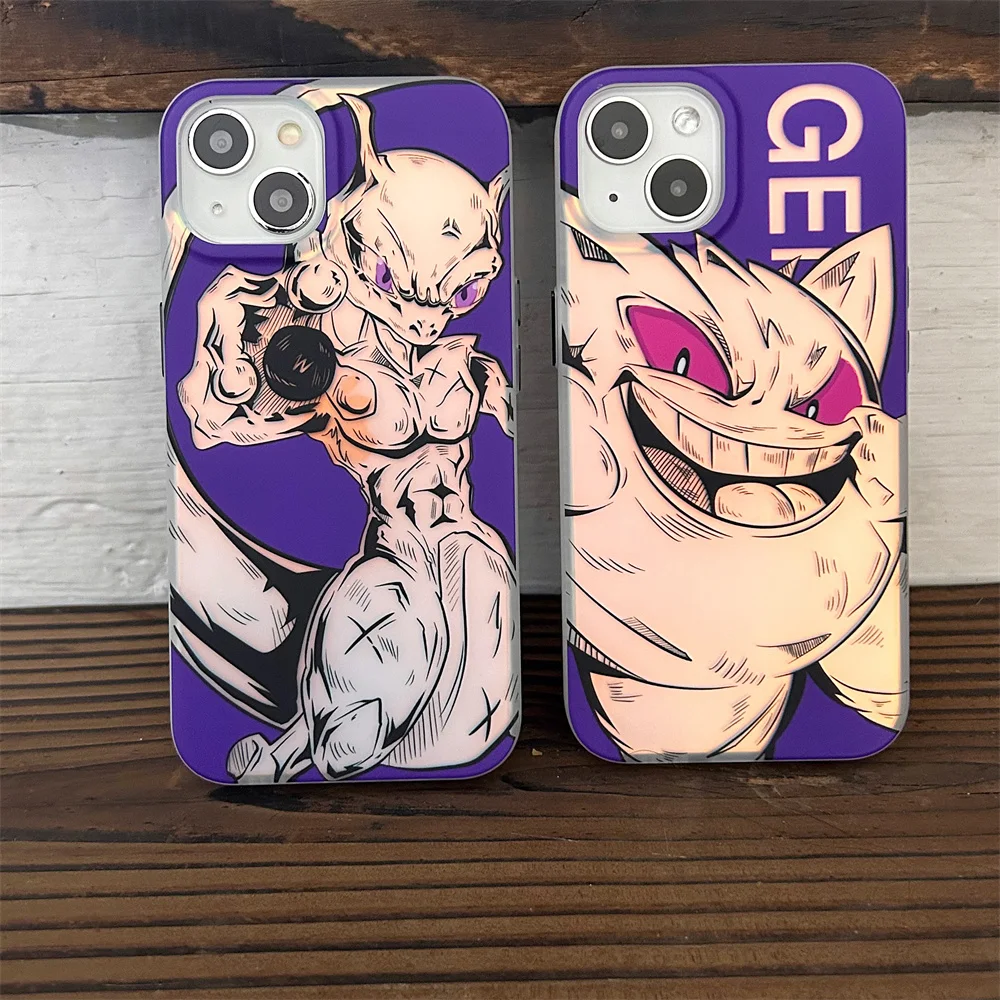 Cartoon Anime Pokemon Gengar Mewtwo Laser Phone Cases for iPhone 16 15 14 13 12 pro max Soft Cover