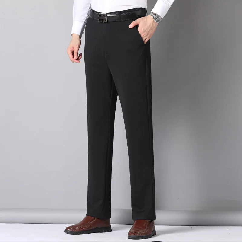 Ropa de primavera y otoño para hombre, pantalones de pierna recta con botones y cremallera, bolsillos de cintura alta, traje informal sólido, pantalones formales Vintage