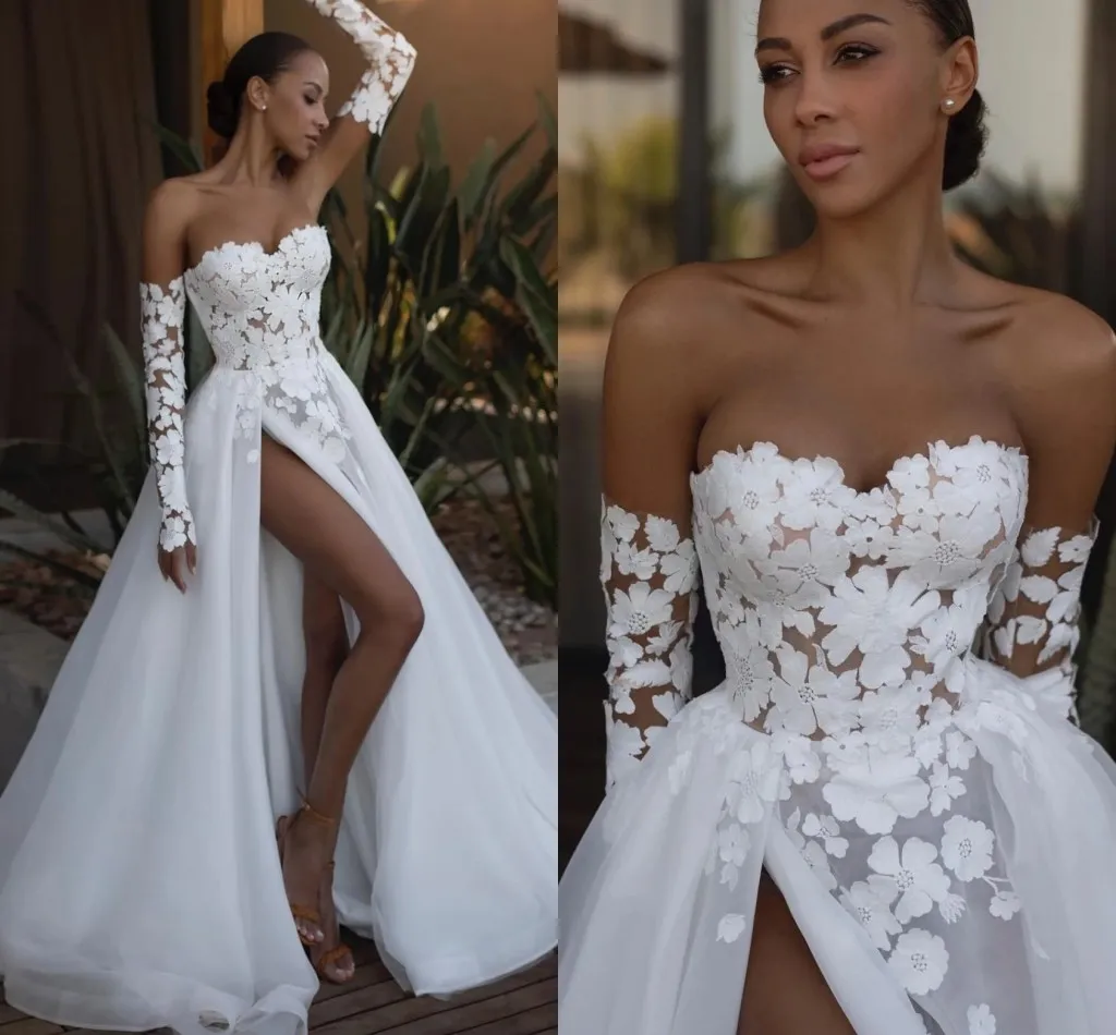

2025 New Boho Wedding Dress Sweetheart Sleeves Slit Lace A-line Beach Bridal Bride Party Gowns Vestidos De Noiva