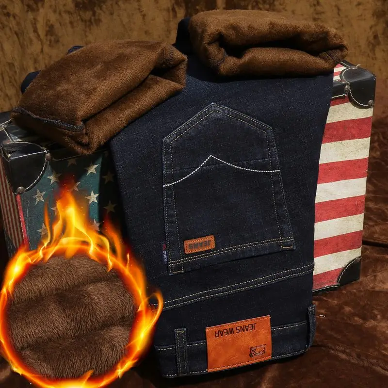 الشتاء الرجال رشاقته الدنيم السراويل فضفاضة مستقيم تمتد رجال الأعمال الدنيم الجينز عادية طويلة الكلاسيكية الجينز الأزرق الأسود بنطلون