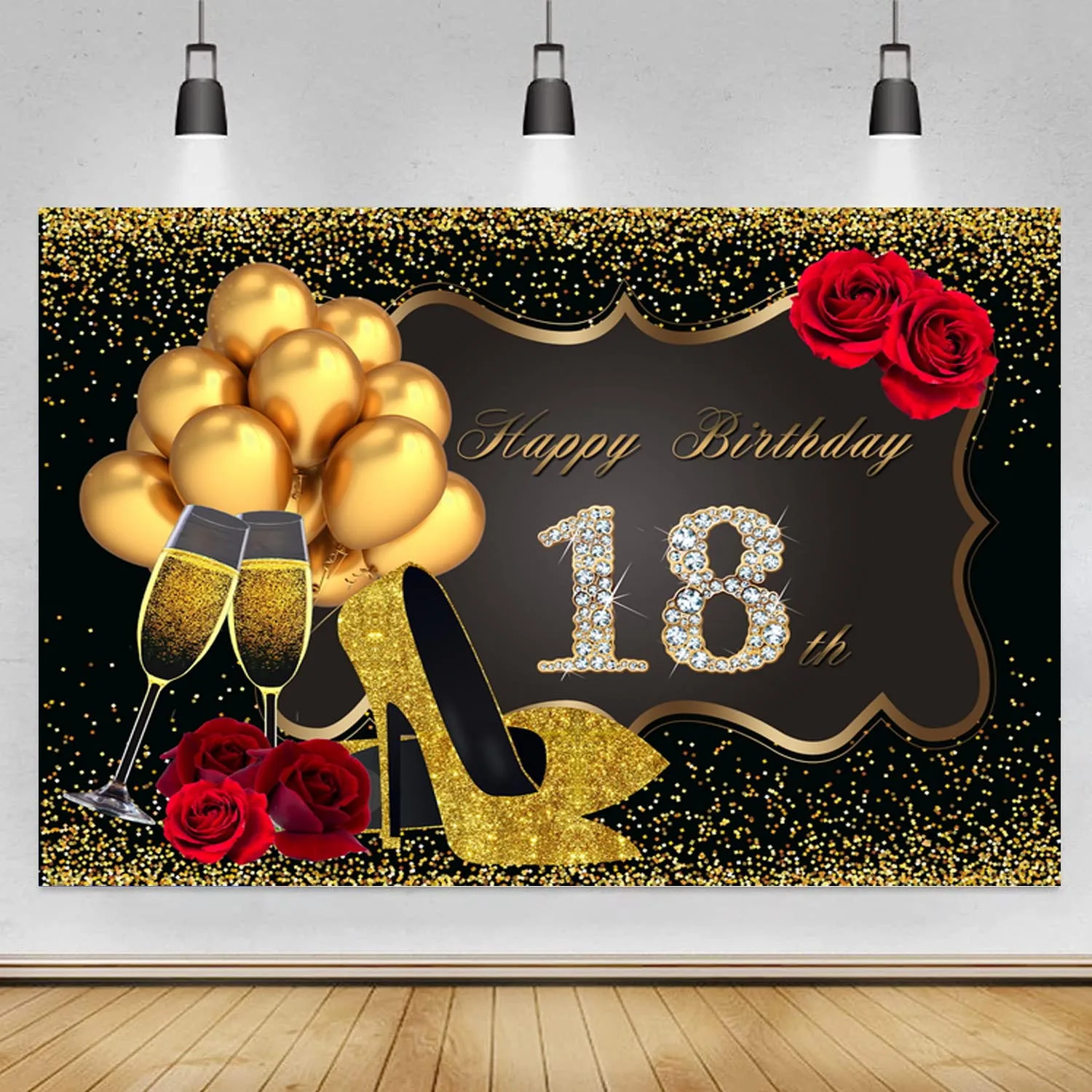 Happy 18th Birthday fondale Glitter Gold Boys Girls festa di compleanno di 18 anni fotografia sfondo Photo Booth puntelli