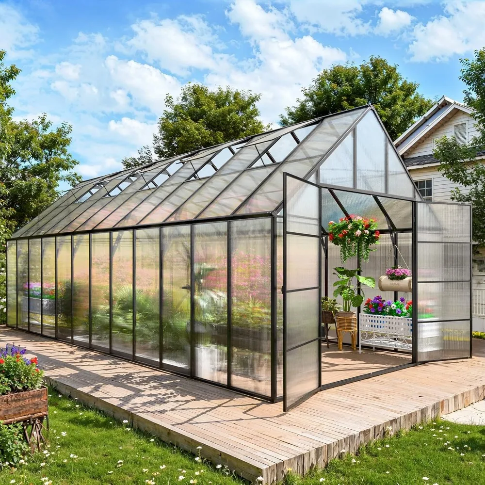 10x24 FT Greenhouse for Outdoors,Large Easy Assembly Thicker Aluminum Polycarbonate Greenhouses W/5 Windows, Greenhouses