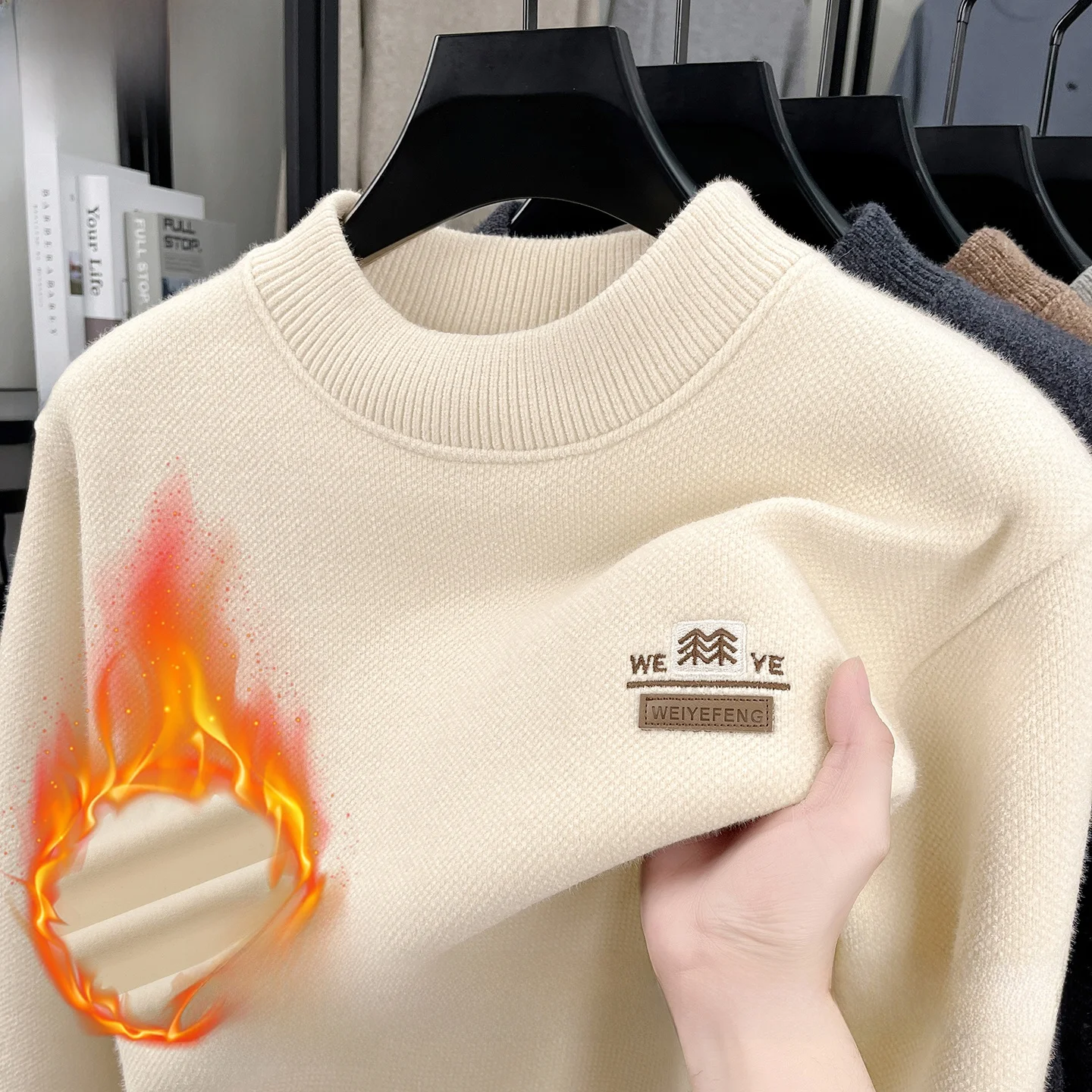 

Мужской вязаный свитер Thiened Fce с высоким воротником, цельный, пушистый, повседневный, теплый, вязаный, зимний, новинка