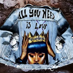 Women's Autumn New Hot Selling Street INS Hip-Hop Personality Girl Pattern Coronation Crown Printing Lapel Denim Jacket