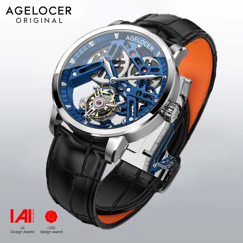 

Мужские деловые часы AGELOCER с турбийоном, роскошные механические часы со скелетом, ручные механические часы Reloj, нержавеющая сталь 316L с коробкой