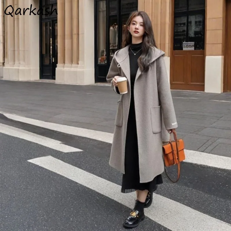 

Blends Women Korean Style Hooded Pockets Solid Simple Temperament Graceful Female All-match Casual Minimalist Autumn Winter Chic