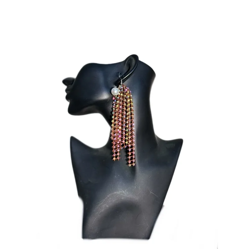 Customized Belly Dance Performance Earrings Mesh Diamond Earrings Imitation Pearl Tassel Handmade Accessories