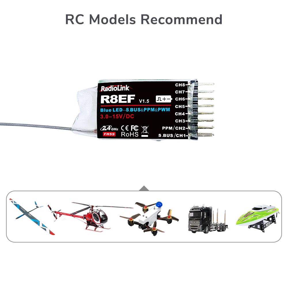 Radiolink R8EF 2.4Ghz 8 Channels RC Receiver Support S-Bus/PPM/PWM Signal for 8CH T8FB T8S RC Transmitter RC Car Boat Airplane