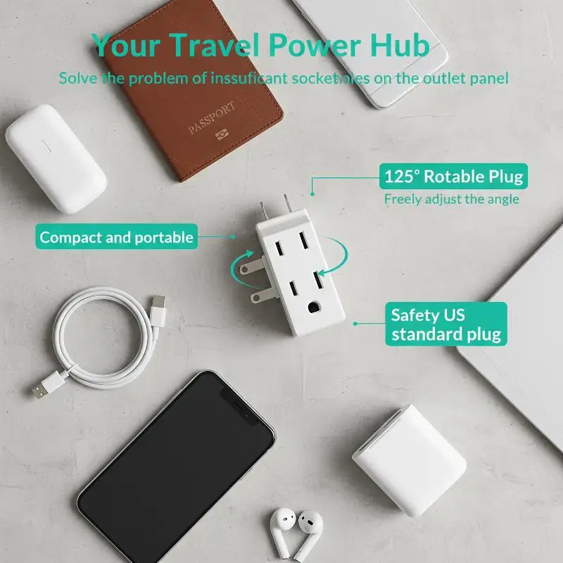 3 Outlet US Wall Plug Extender 125° Rotatable Adapter 1/2/3/4 Pack Multi Plug Adapter for Dorm Room Home Travel
