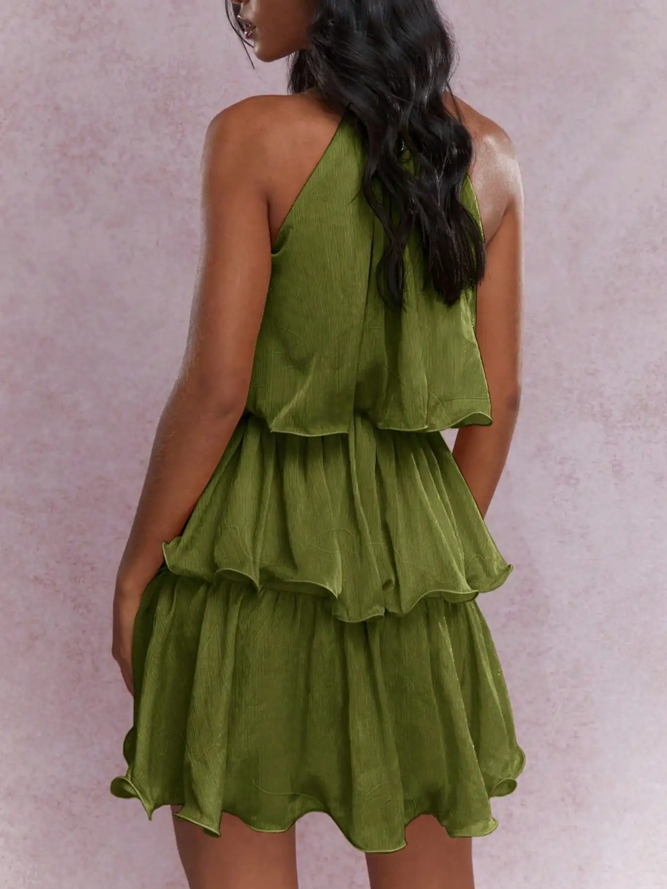 Feminino boho elegante em camadas plissado mini vestido sem mangas halter pescoço vestido de festa st plissado flowy verde roupa de férias