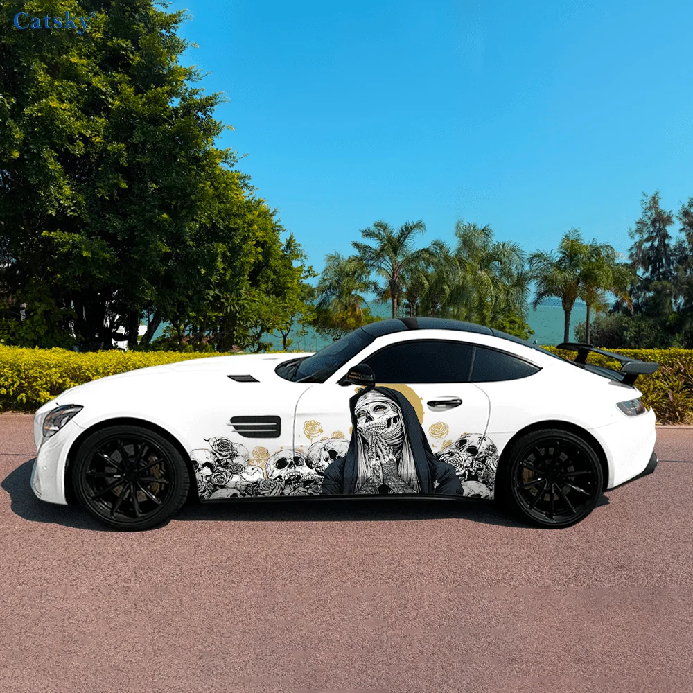 

2pcs Skull Nun with Tattoos & Praying Car Side Wraps, Self-Adhesive PVC Waterproof & Scratch-Resistant Stickers, Car Accessory